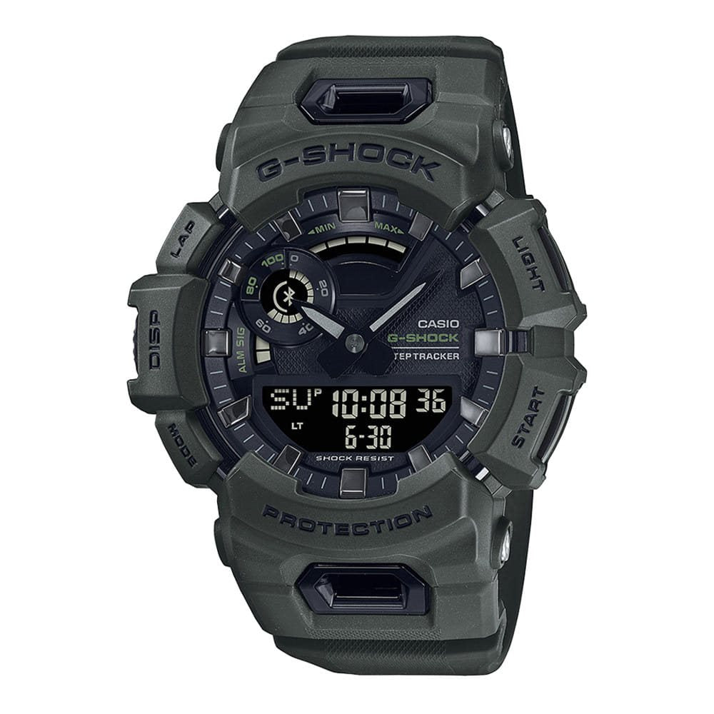 Reloj G-Shock GBA-900UU-1AER negro, vista frontal del reloj deportivo con caja y correa de resina