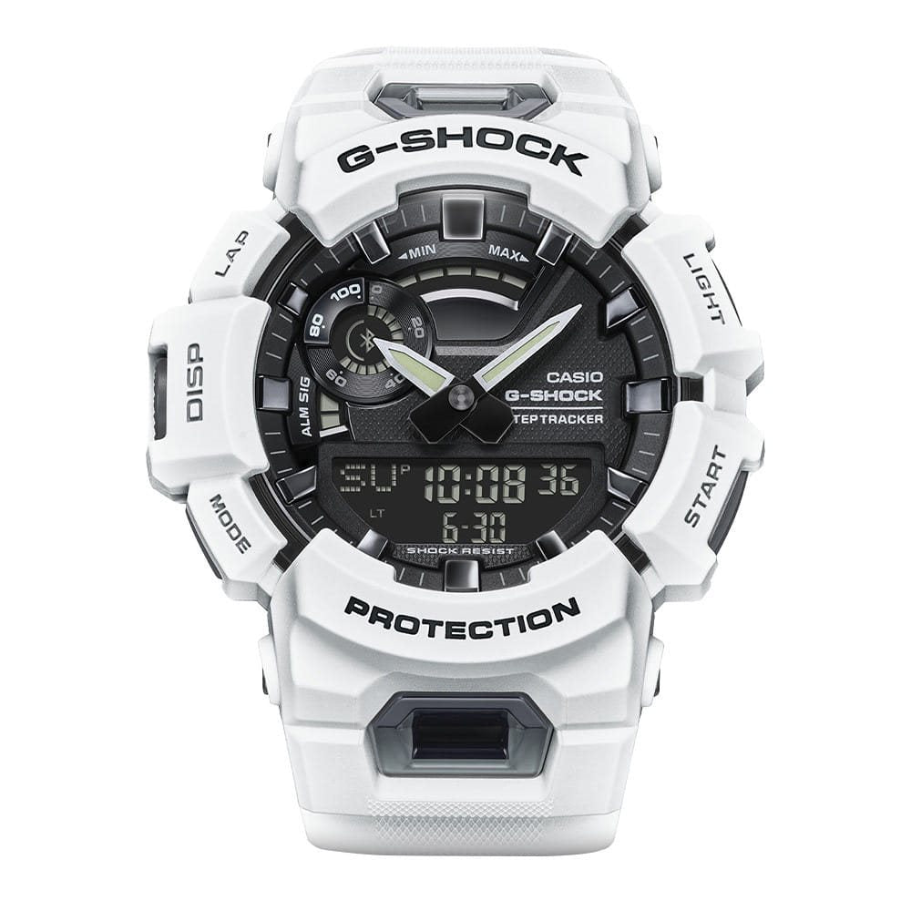 Reloj G-Shock GBA-900UU-1AER negro, vista frontal del reloj deportivo con caja y correa de resina