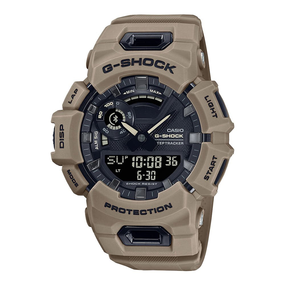 Reloj G-Shock GBA-900UU-1AER negro, vista frontal del reloj deportivo con caja y correa de resina