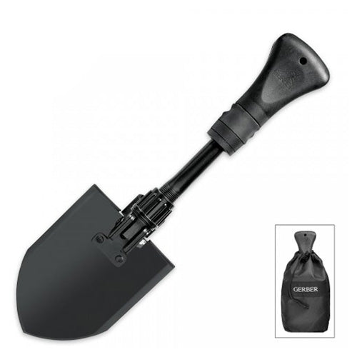Pala plegable Gerber Gorge Mini con mecanismo rápido y botón de seguridad, sirve como martillo para piquetas