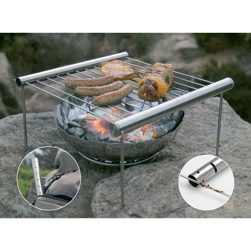 Parrilla plegable CAMP de acero inoxidable, plegada en un cilindro compacto