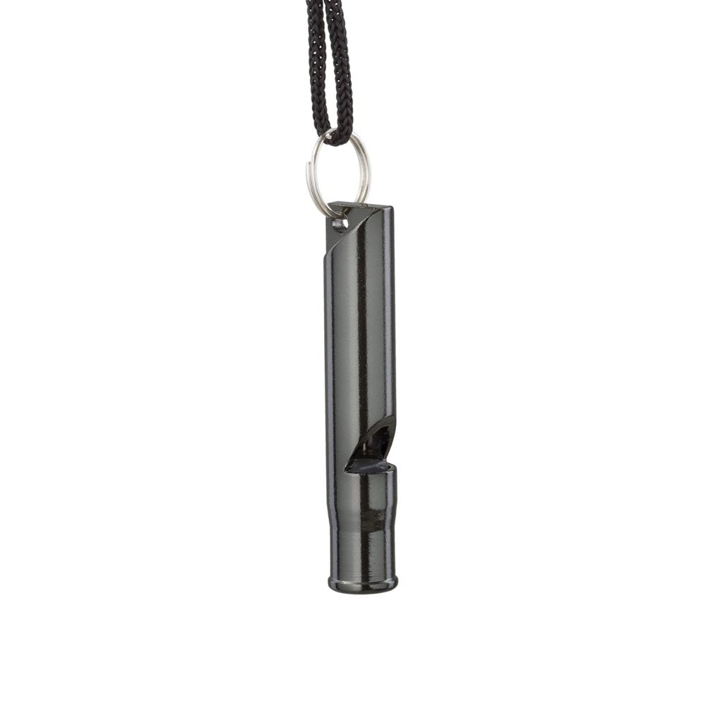 Silbato SURVIVAL de aluminio negro con cordón en ojo metálico