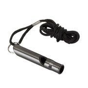 Silbato SURVIVAL de aluminio negro con cordón en ojo metálico