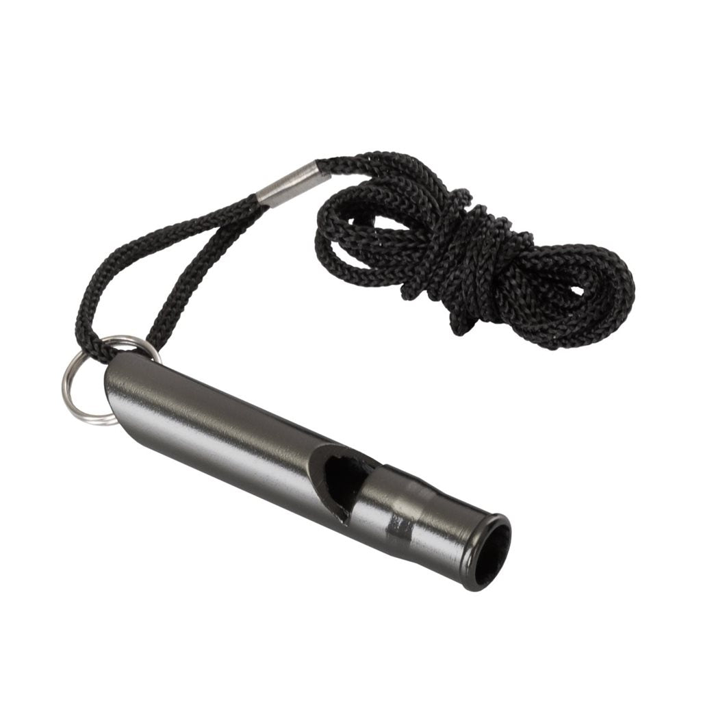 Silbato SURVIVAL de aluminio negro con cordón en ojo metálico