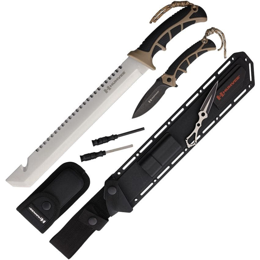 Set HUMVEE ADVENTURE GEAR con machete, cuchillo plegable, daga y pedernal