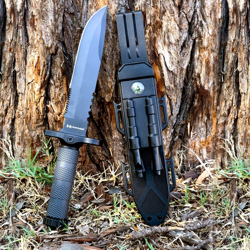 Cuchillo NEXT GEN de supervivencia con hoja fija, filo combinado, funda y accesorios
