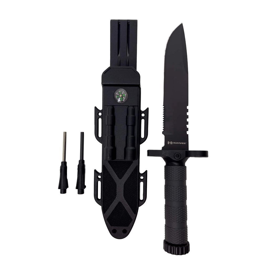 Cuchillo NEXT GEN de supervivencia con hoja fija, filo combinado, funda y accesorios