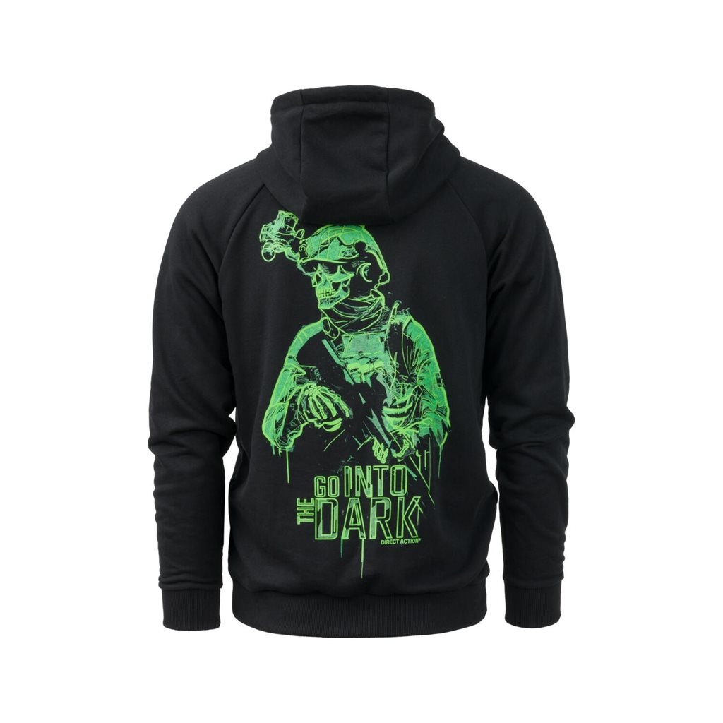 Sudadera negra con capucha DIRECT ACTION, logo frontal y estampado posterior de esqueleto táctico 'INTO THE DARK'