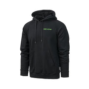 Sudadera negra con capucha DIRECT ACTION, logo frontal y estampado posterior de esqueleto táctico 'INTO THE DARK'