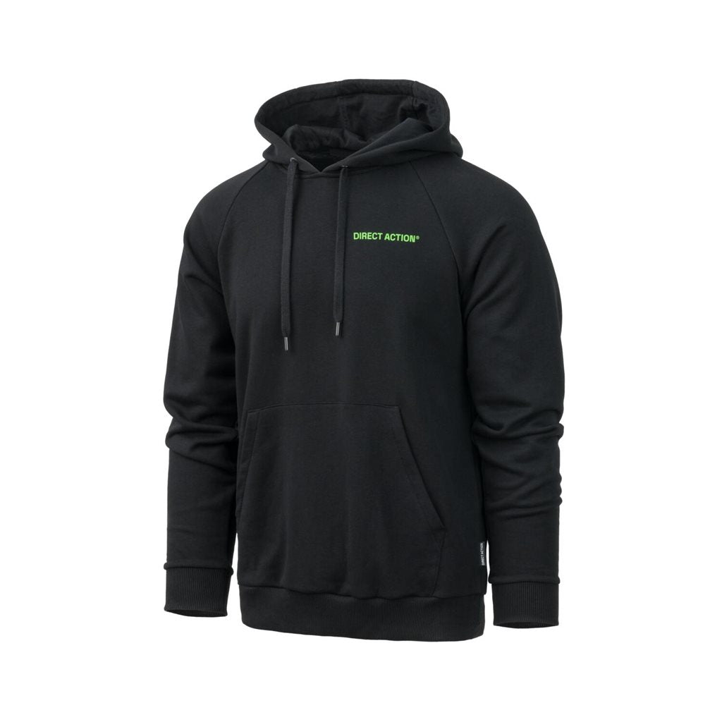 Sudadera negra con capucha DIRECT ACTION, logo frontal y estampado posterior de esqueleto táctico 'INTO THE DARK'