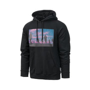 Sudadera con capucha SUNSET negra con estampado frontal de militares al atardecer y bolsillo canguro