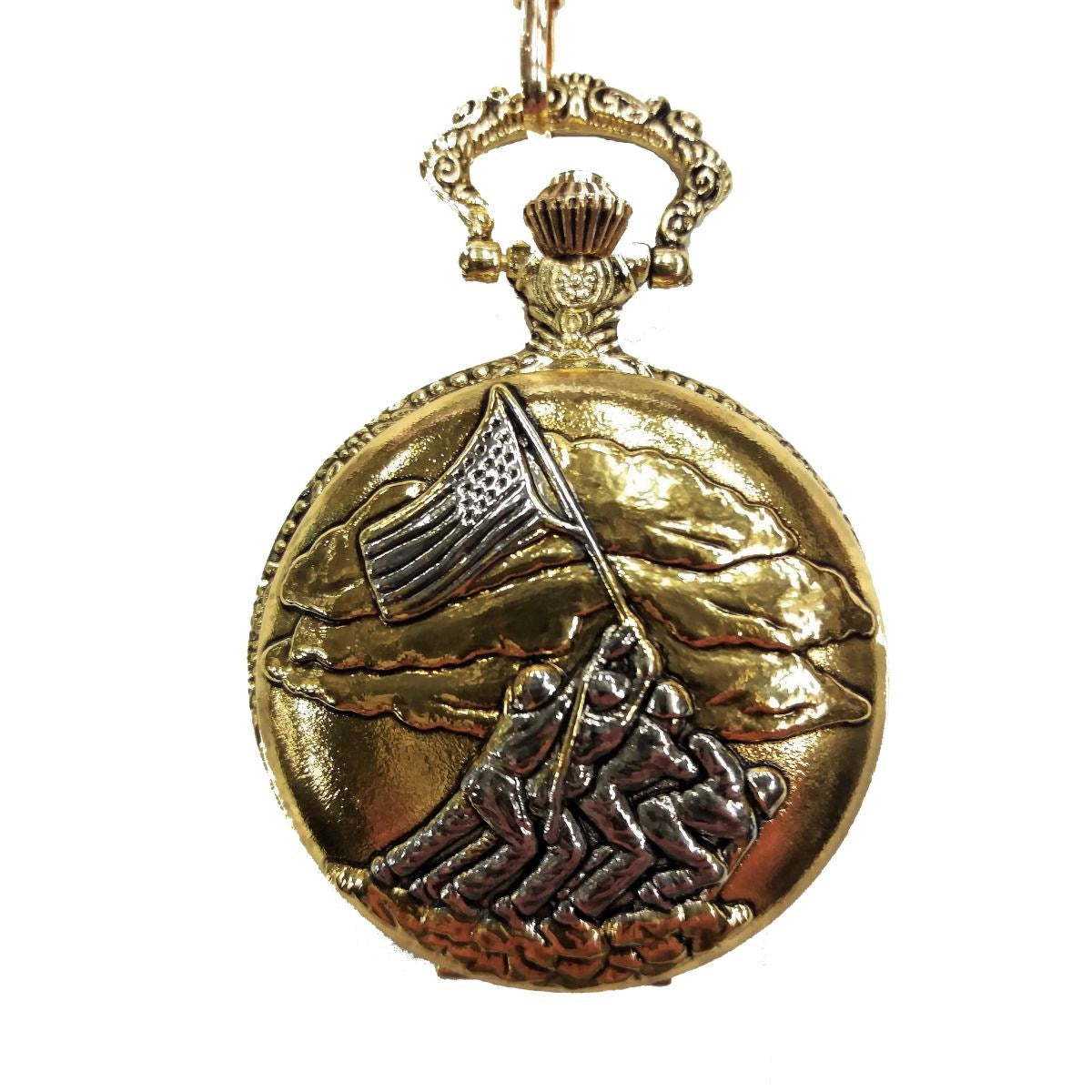 Reloj de bolsillo Iwo Jima WWII con cadena dorada en caja de regalo
