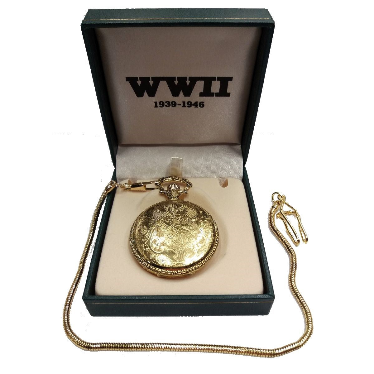 Reloj de bolsillo Iwo Jima WWII con cadena dorada en caja de regalo
