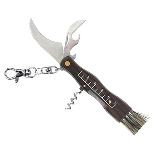 Cuchillo para setas JOKER 90 con funda verde bordada, cepillo, abrebotellas y mosquetón