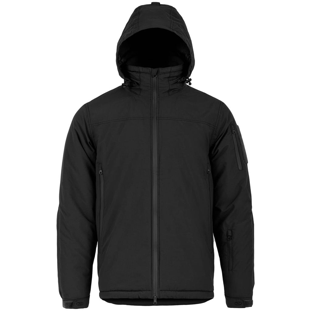 Chaqueta táctica Tryker negra con capucha guardada en el cuello