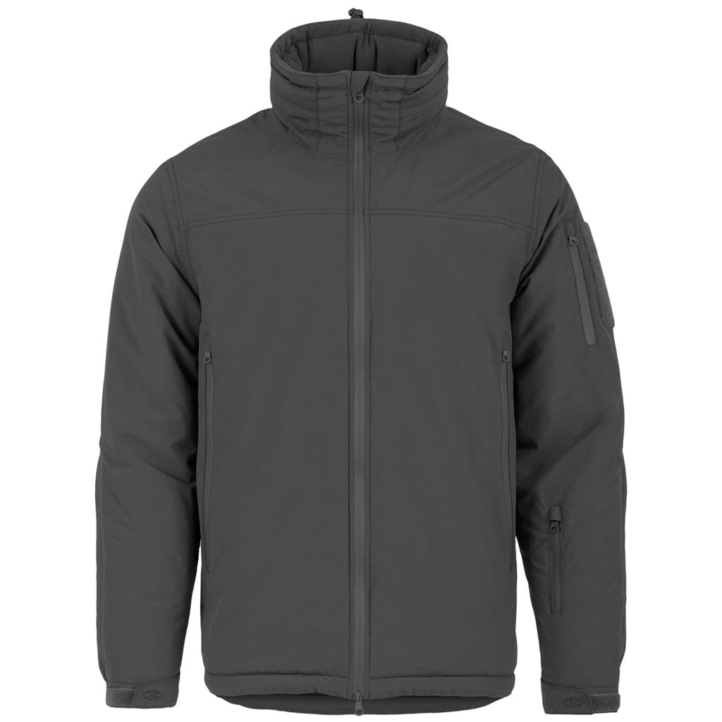 Chaqueta táctica STRYKER gris, vista frontal, capucha guardada en el cuello y múltiples bolsillos
