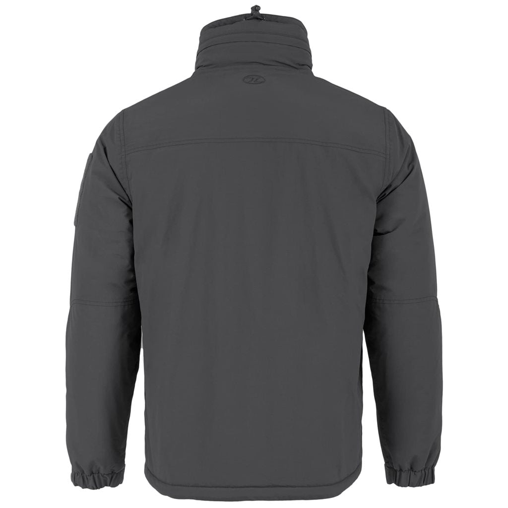 Chaqueta táctica STRYKER gris, vista frontal, capucha guardada en el cuello y múltiples bolsillos