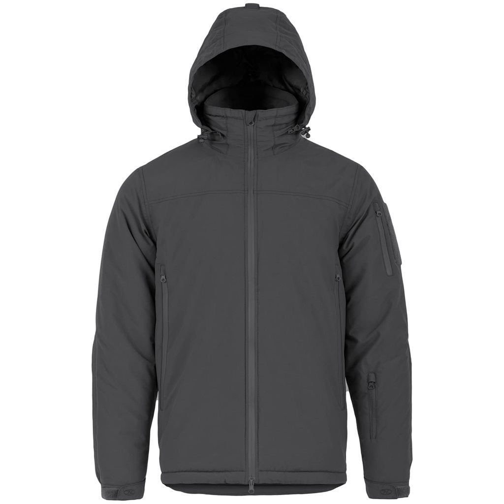 Chaqueta táctica STRYKER gris, vista frontal, capucha guardada en el cuello y múltiples bolsillos