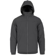 Chaqueta táctica STRYKER gris, vista frontal, capucha guardada en el cuello y múltiples bolsillos