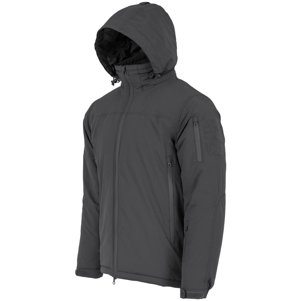 Chaqueta táctica STRYKER gris, vista frontal, capucha guardada en el cuello y múltiples bolsillos