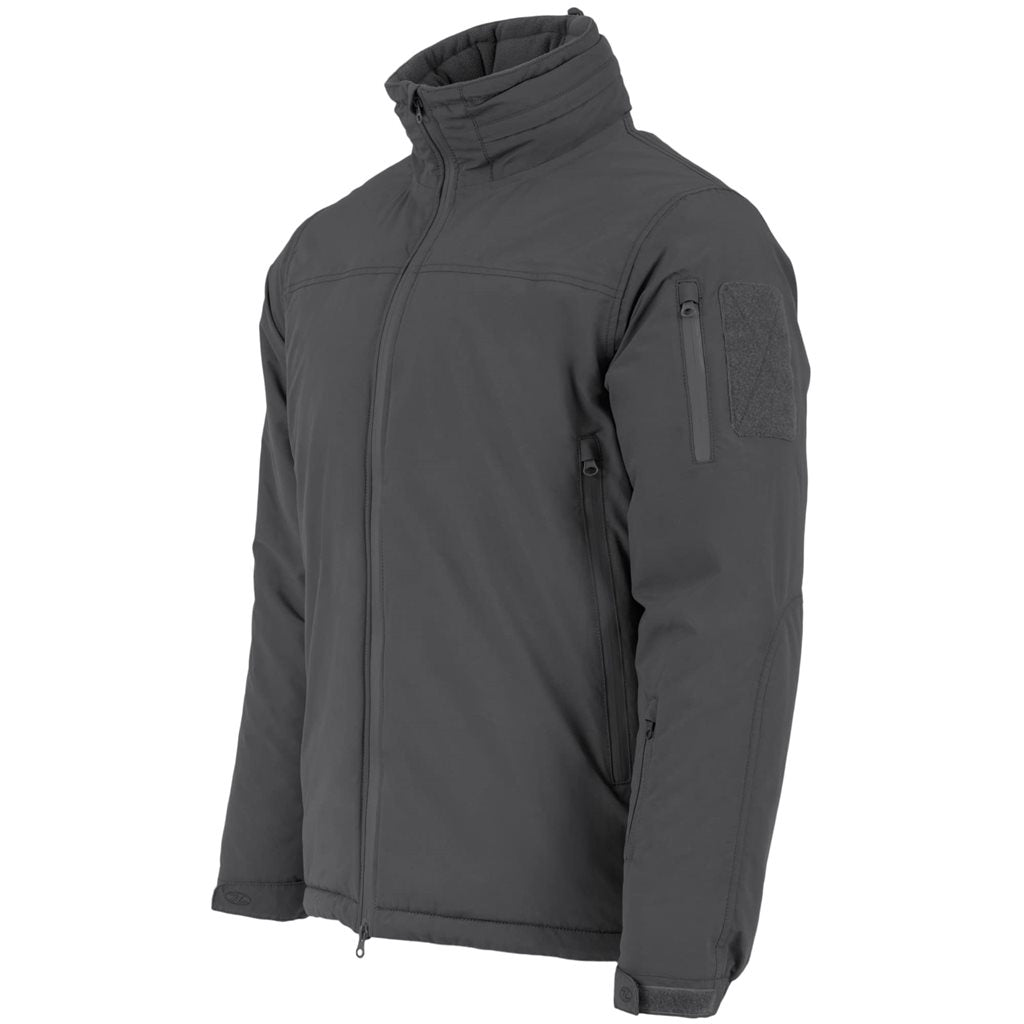Chaqueta táctica STRYKER gris, vista frontal, capucha guardada en el cuello y múltiples bolsillos