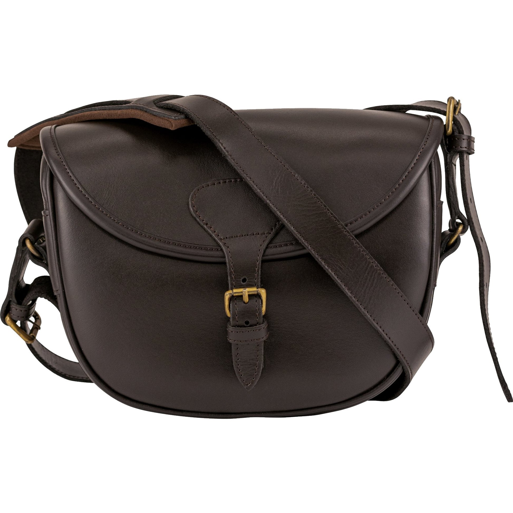 Bolso bandolera de cuero DARK BROWN para cartuchos con solapa y hebilla de latón