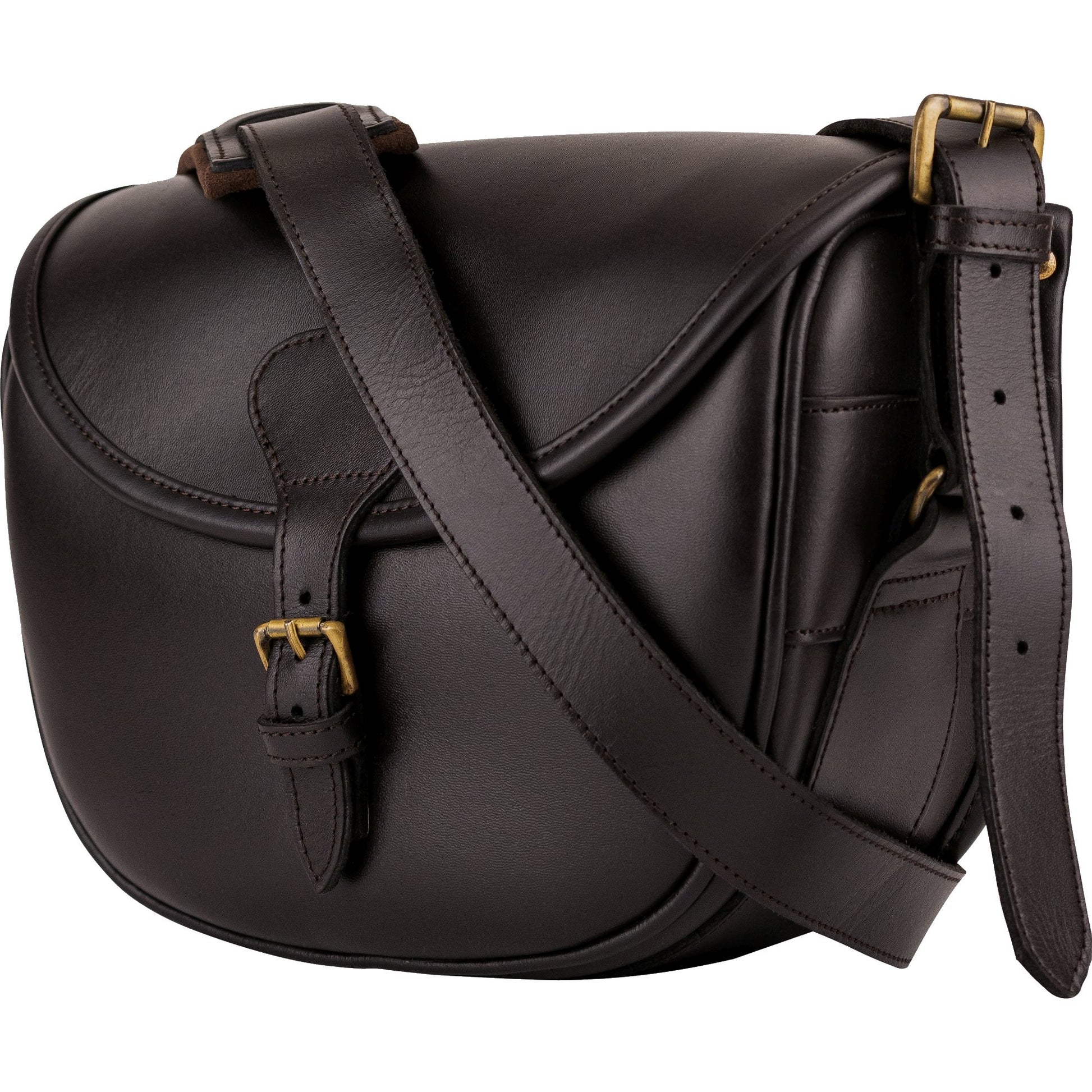 Bolso bandolera de cuero DARK BROWN para cartuchos con solapa y hebilla de latón