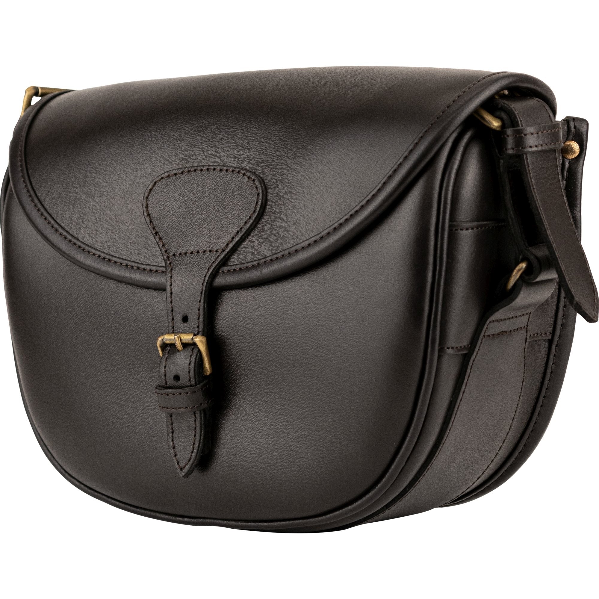 Bolso bandolera de cuero DARK BROWN para cartuchos con solapa y hebilla de latón