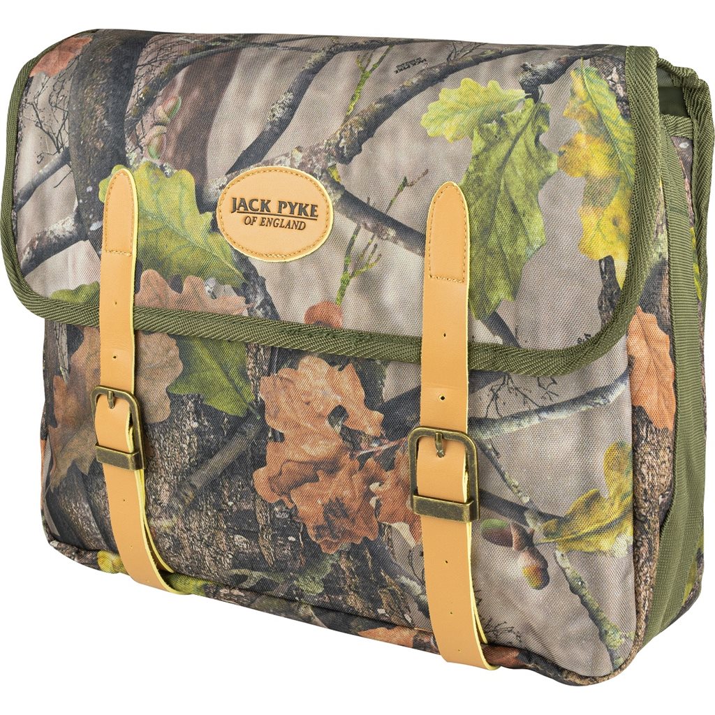 Bolsa bandolera Jack Pyke CARTRIDGE camuflaje forestal 38x29x10 cm, detalles en cuero