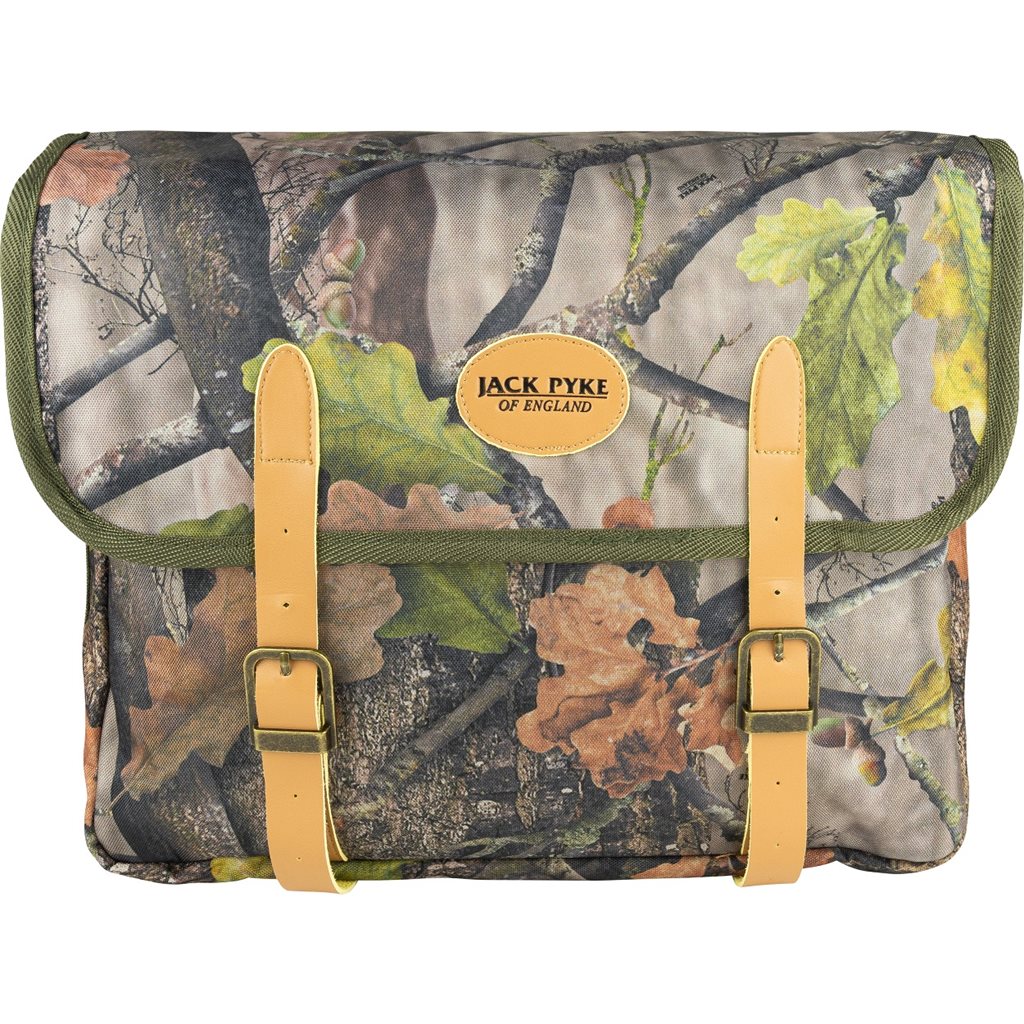 Bolsa bandolera Jack Pyke CARTRIDGE camuflaje forestal 38x29x10 cm, detalles en cuero