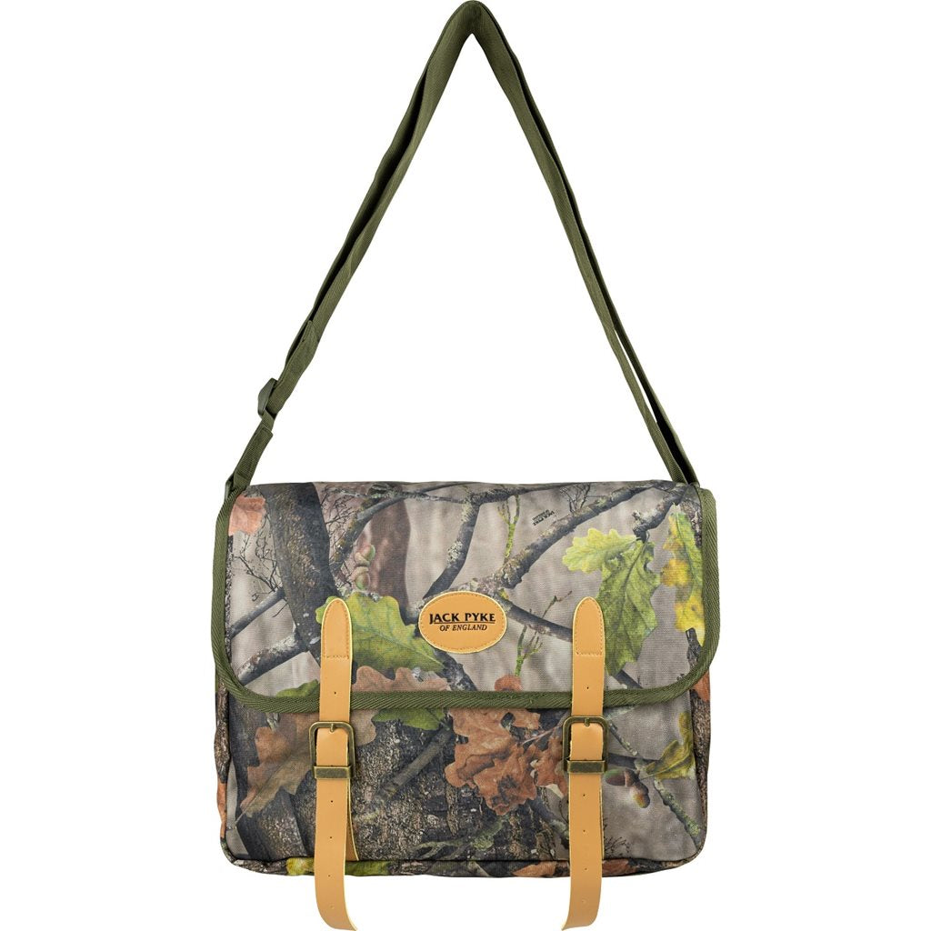 Bolsa bandolera Jack Pyke CARTRIDGE camuflaje forestal 38x29x10 cm, detalles en cuero