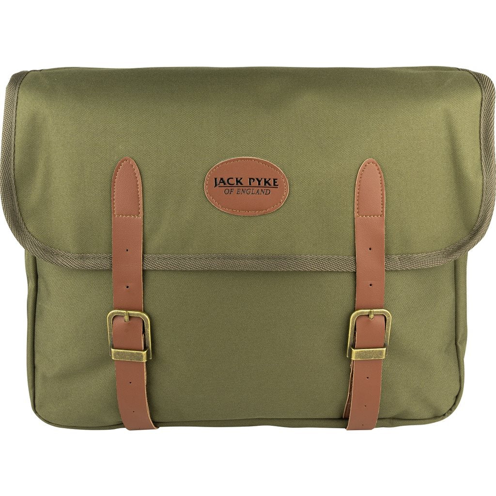 Bolsa de caza CARTRIDGE verde con dos hebillas y detalles en cuero, bandolera estilo ingles