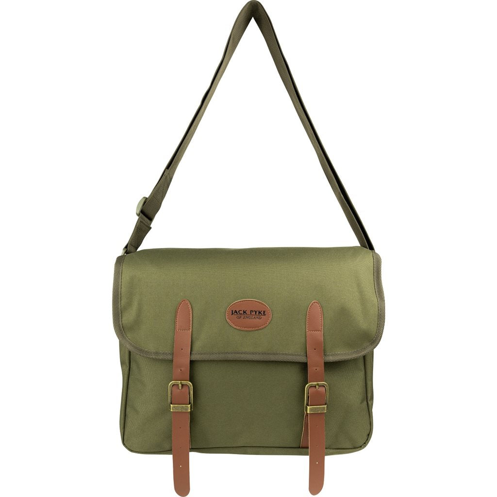 Bolsa de caza CARTRIDGE verde con dos hebillas y detalles en cuero, bandolera estilo ingles