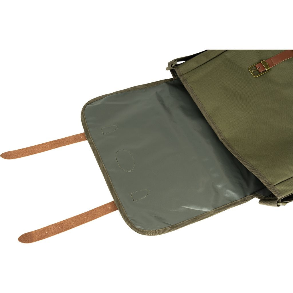 Bolsa de caza CARTRIDGE verde con dos hebillas y detalles en cuero, bandolera estilo ingles
