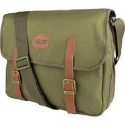 Bolsa de caza CARTRIDGE verde con dos hebillas y detalles en cuero, bandolera estilo ingles