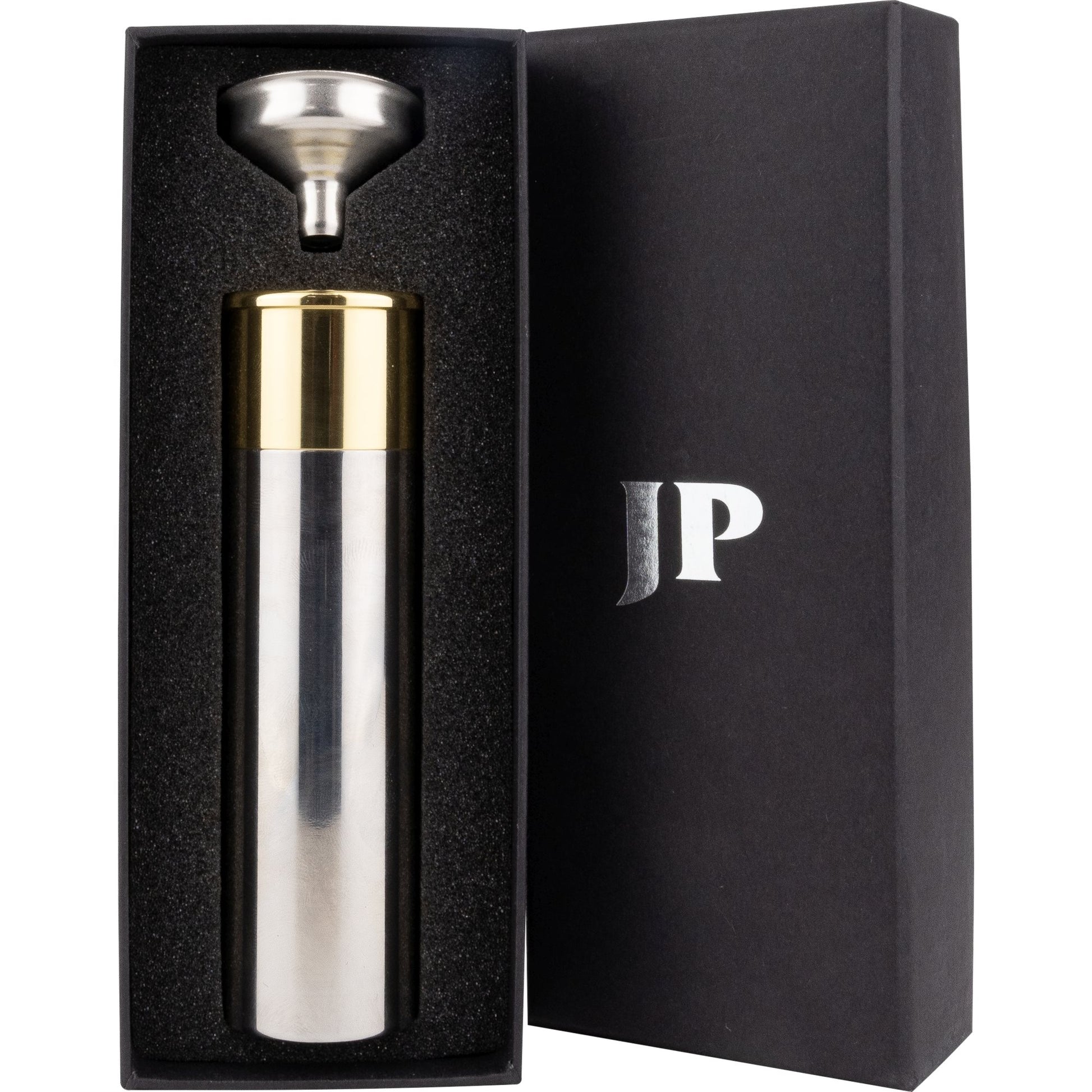 Petaca PATRONA brillante 80 ml de acero inoxidable con embudo en estuche