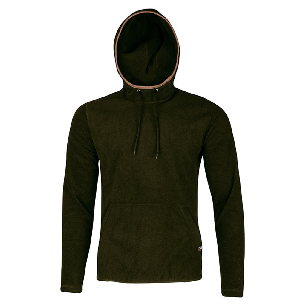 Sudadera COUNTRY fleece verde oliva oscuro con capucha y bolsillo canguro, ribete de nobuk