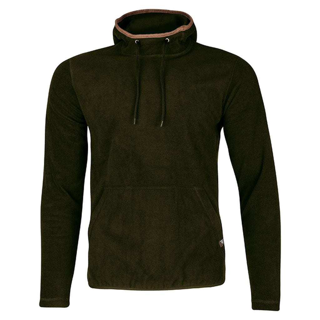 Sudadera COUNTRY fleece verde oliva oscuro con capucha y bolsillo canguro, ribete de nobuk