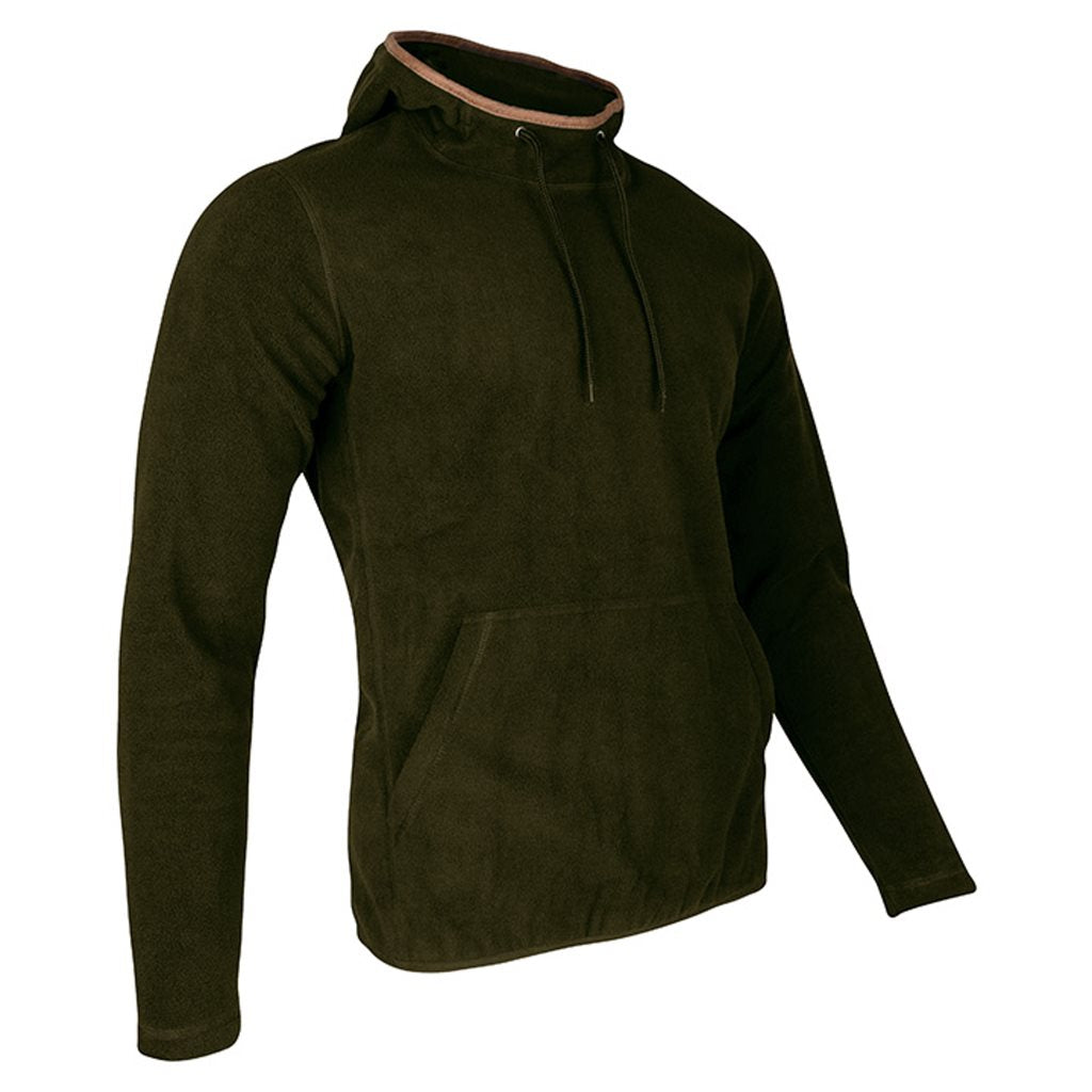 Sudadera COUNTRY fleece verde oliva oscuro con capucha y bolsillo canguro, ribete de nobuk