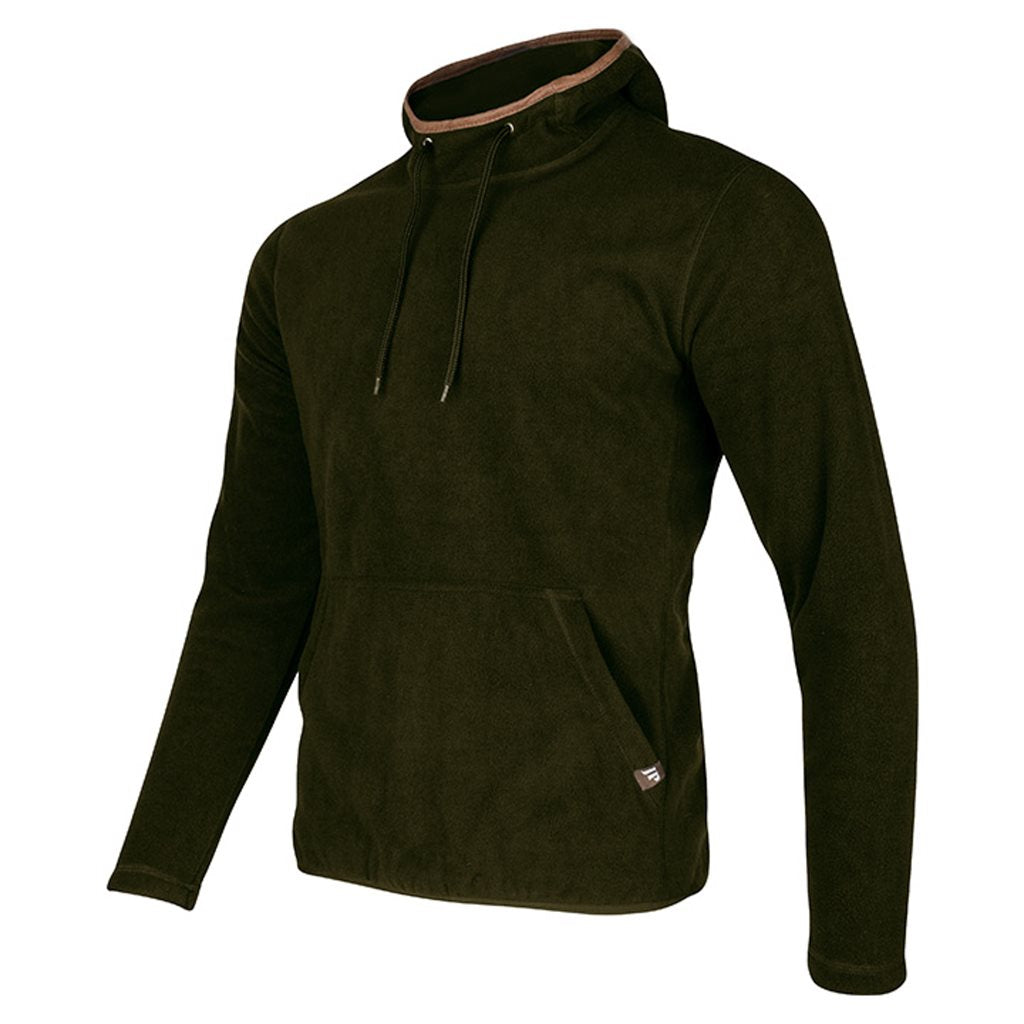 Sudadera COUNTRY fleece verde oliva oscuro con capucha y bolsillo canguro, ribete de nobuk