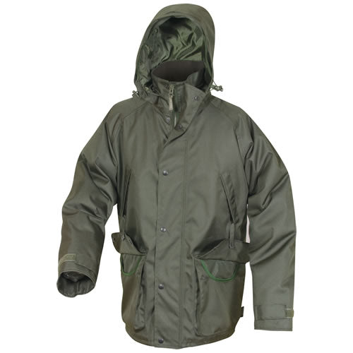 Chaqueta impermeable Countryman verde con capucha oculta, cremallera doble y varios bolsillos, exterior 100% poliéster