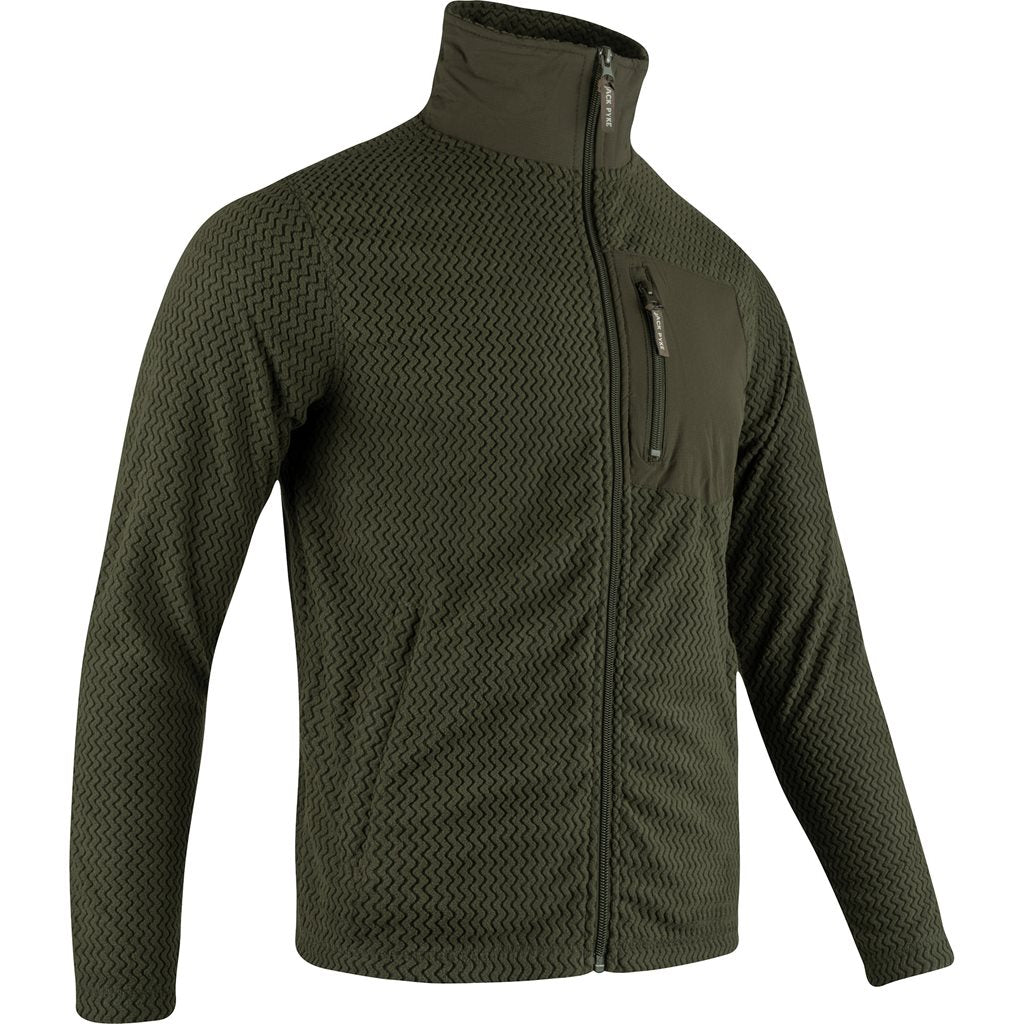 Sudadera fleece verde ligera con cremallera y tres bolsillos, 100% poliester