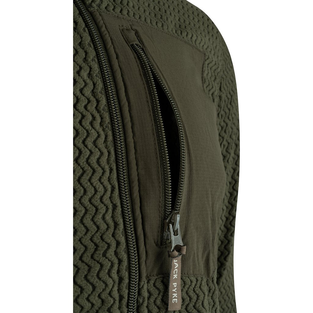 Sudadera fleece verde ligera con cremallera y tres bolsillos, 100% poliester