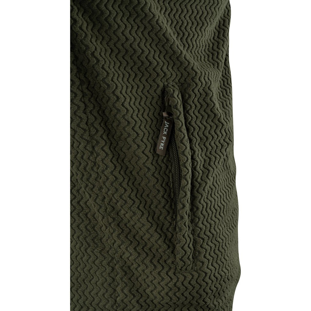 Sudadera fleece verde ligera con cremallera y tres bolsillos, 100% poliester