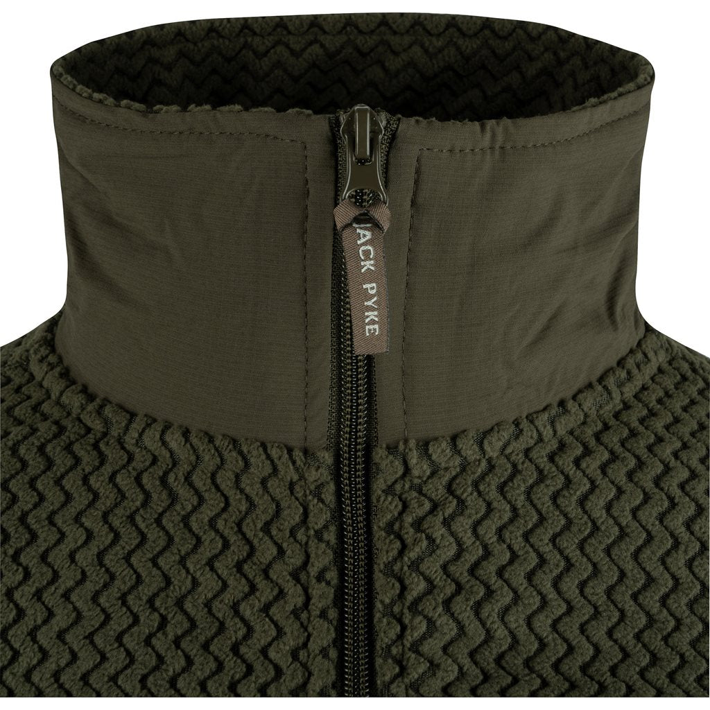 Sudadera fleece verde ligera con cremallera y tres bolsillos, 100% poliester