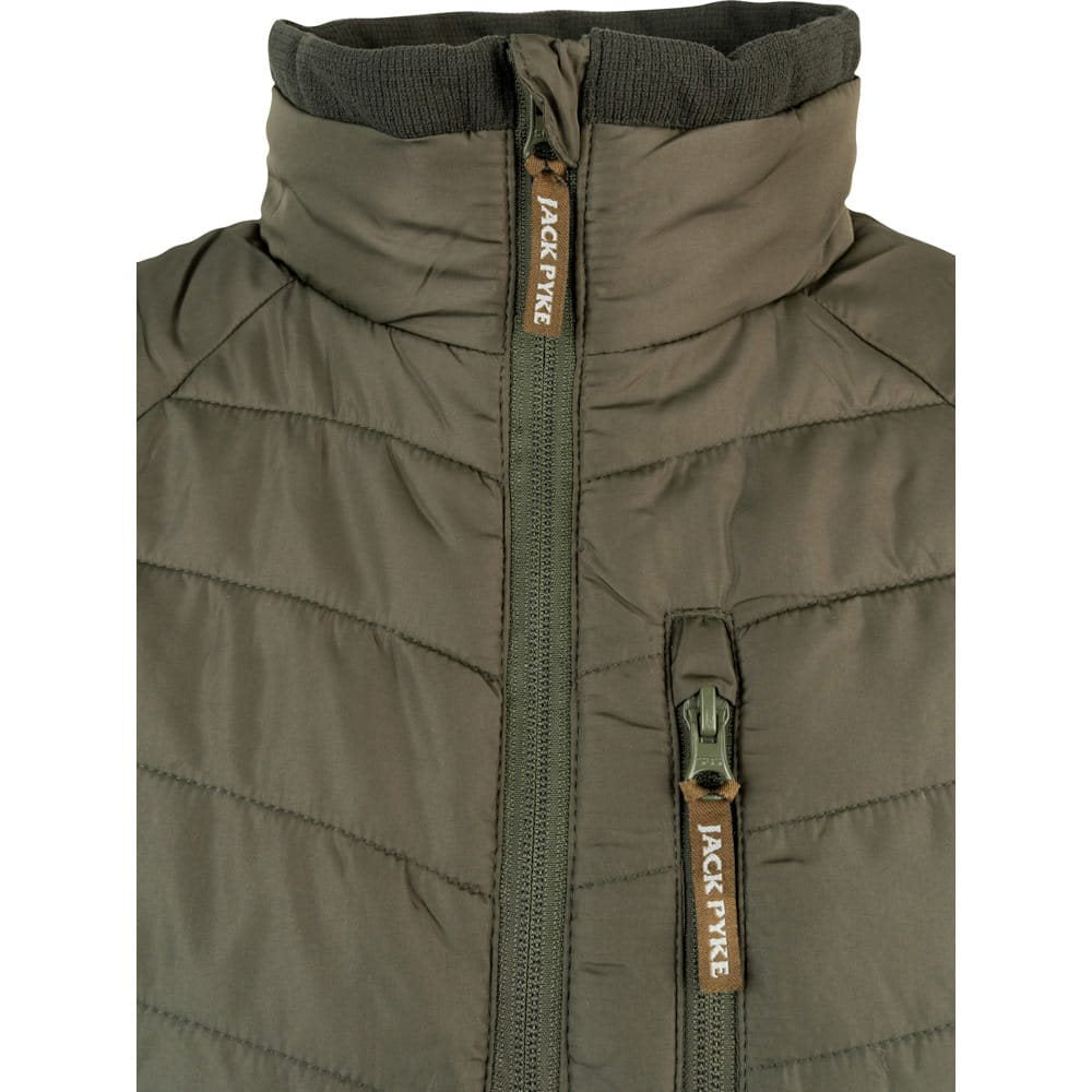 Chaqueta HYBRID acolchada verde con paneles laterales contrastados y tres bolsillos con cremallera