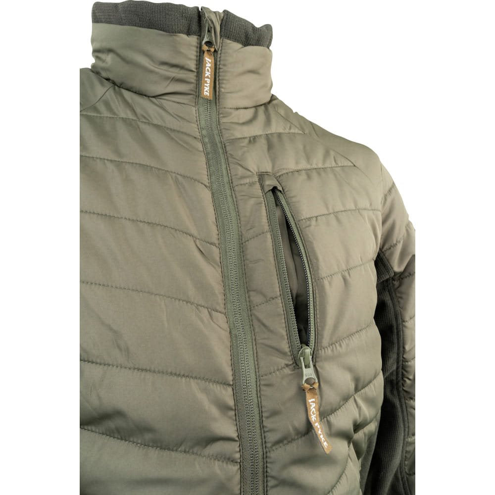 Chaqueta HYBRID acolchada verde con paneles laterales contrastados y tres bolsillos con cremallera