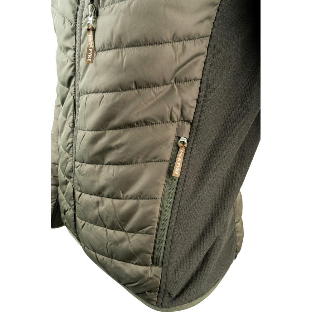 Chaqueta HYBRID acolchada verde con paneles laterales contrastados y tres bolsillos con cremallera