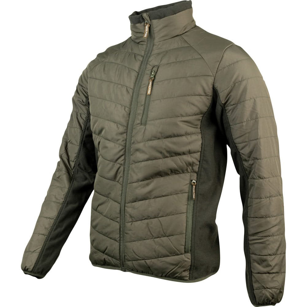 Chaqueta HYBRID acolchada verde con paneles laterales contrastados y tres bolsillos con cremallera