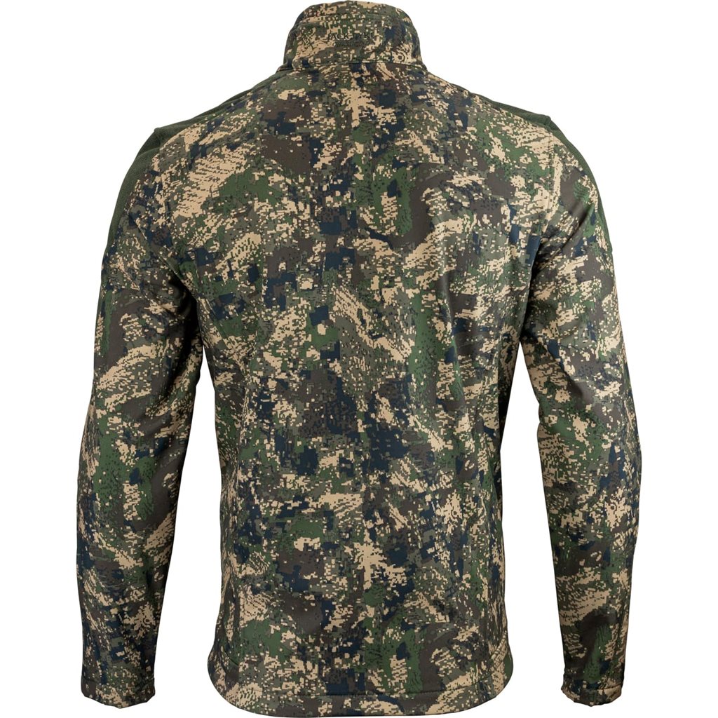 Chaqueta softshell DIGICAM en camuflaje, vista frontal con cierre central y tres bolsillos